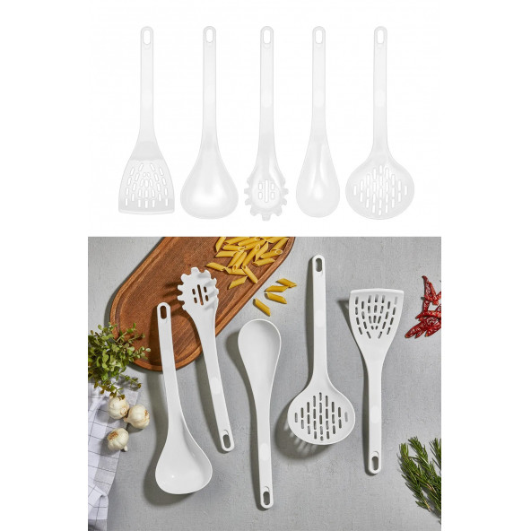 Beyaz Teflon 5li Kepçe Seti 220 Dereceye Dayanıklı Kepçe, Kevgir, Makarna Kepçesi, Kaşık, Spatula - 2