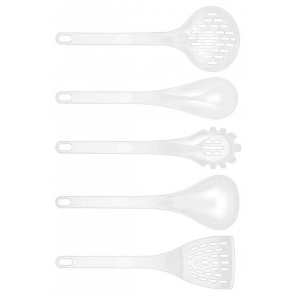 Beyaz Teflon 5li Kepçe Seti 220 Dereceye Dayanıklı Kepçe, Kevgir, Makarna Kepçesi, Kaşık, Spatula - 3