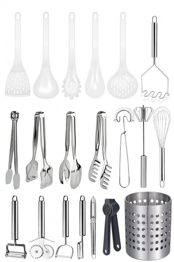 20 Parça Yemek Hazırlık Seti,Teflon Kepçe Seti,Metal Kaşıklık,Maşa Seti,Soyacak,Sarımsak Ezeceği