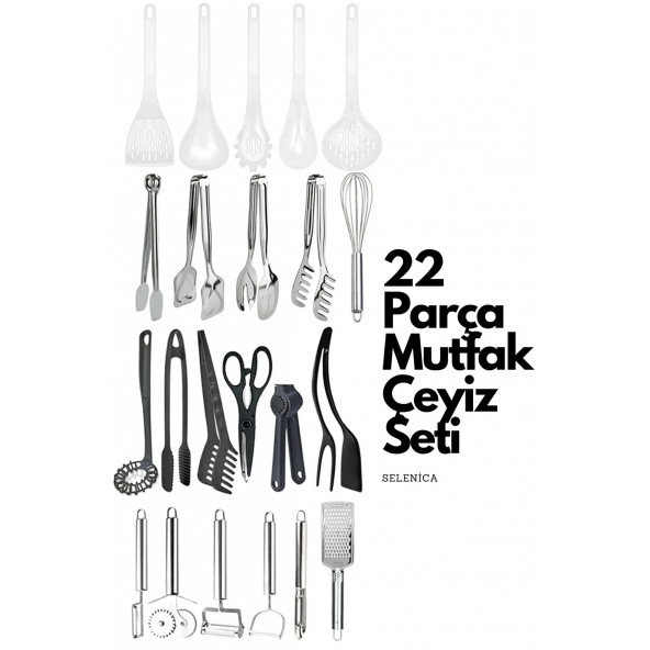 22 Parça Yemek Hazırlık Seti,Teflon Kepçe seti,Sarımsak Ezeceği,Rende,Tel Çırpıcı,Maşa Seti