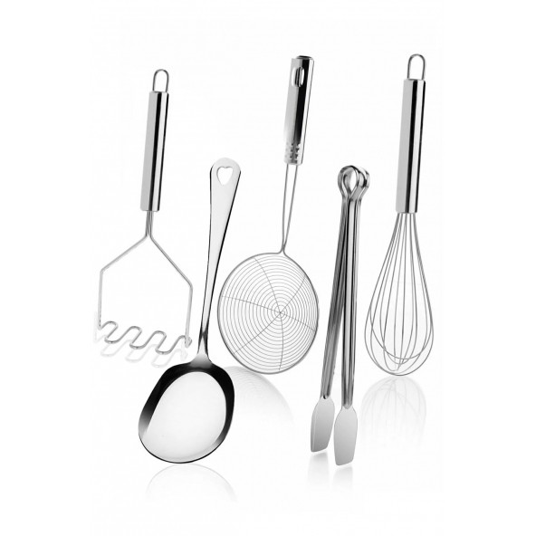 5 Parça Çelik Metal Mutfak Servis Seti Takımı (kaşık, Çırpıcı, Maşa, Patates Ezici, Kızartma Kevgir)