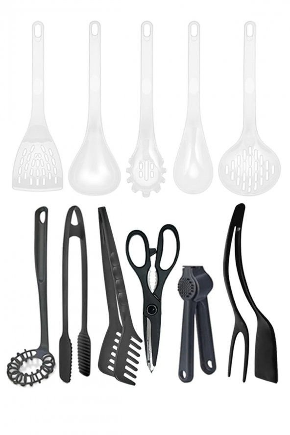 11 Parça Mutfak Çeyiz Seti,Teflon Kepçe Seti,Izgara Maşası,Çırpıcı,Makas,Spatula.