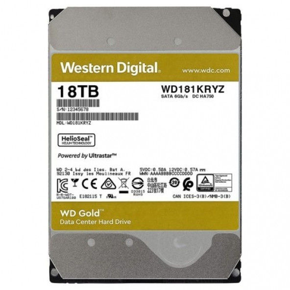 Western Digital 18 TB Gold Enterprise WD181KRYZ 3.5" SATA 3.0 7200 RPM Harddisk