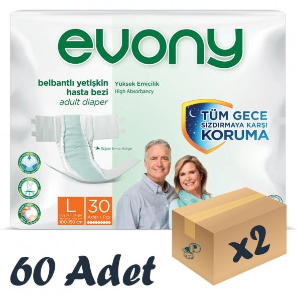 Evony Bel Bantlı Yetişkin Hasta Bezi Large 30lu 2 Paket 60 Adet