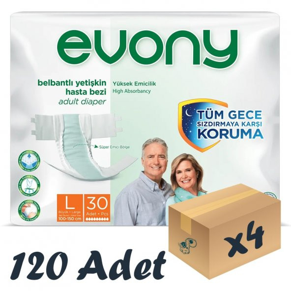 Evony Bel Bantlı Yetişkin Hasta Bezi Large 30lu 4 Paket 120 Adet