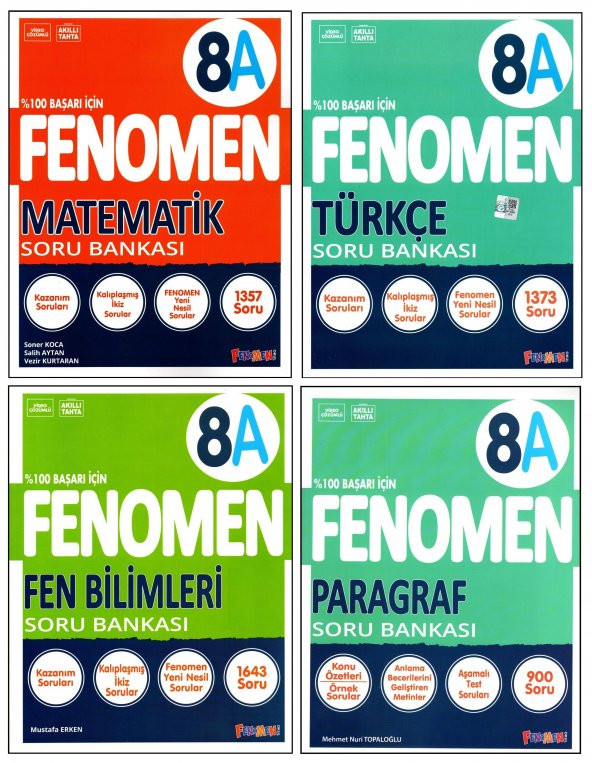 Fenomen 8. Sınıf LGS Matematik(A)+Fen(A)+Türkçe(A)+Paragraf(A) Soru Bankası 4 Kitap