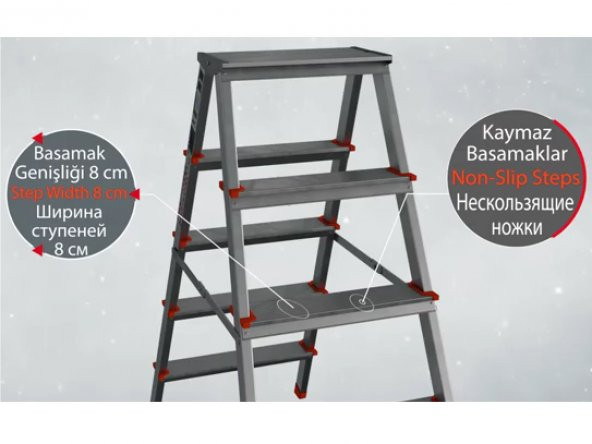 Paslanmaz Alüminyum Çift Çıkışlı Çift Taraflı Seyyar Merdiven 4+4 Basamaklı - 3