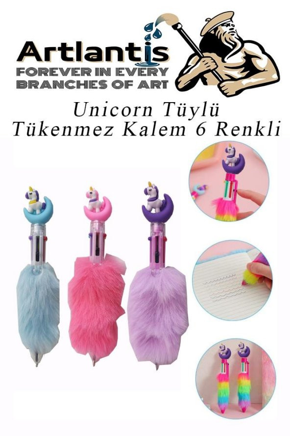 Unicorn Tüylü Tükenmez Kalem 6 Renkli 1 Adet Pembe Pelüş Tükenmez Kalem 6lı Renk Sevimli Hediye Peluş Süslü Tükenmez Kalem - 3