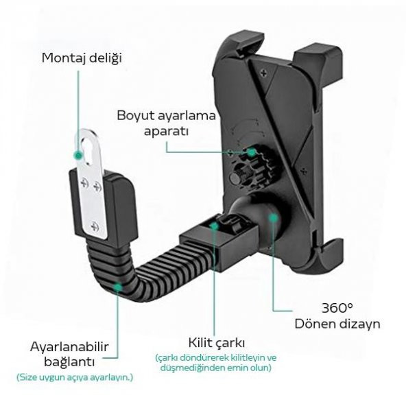 Coofbe Ayarlanabilir Açılı 360 Dönen Başlıklı Aynaya Takılan Motosiklet Tutucu Bisiklet Tutucu - 3