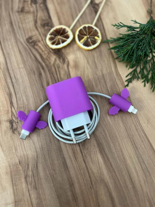 Silikon Şarj Başlığı Ve Kablo Koruyucu 2Li Set Mor - 2