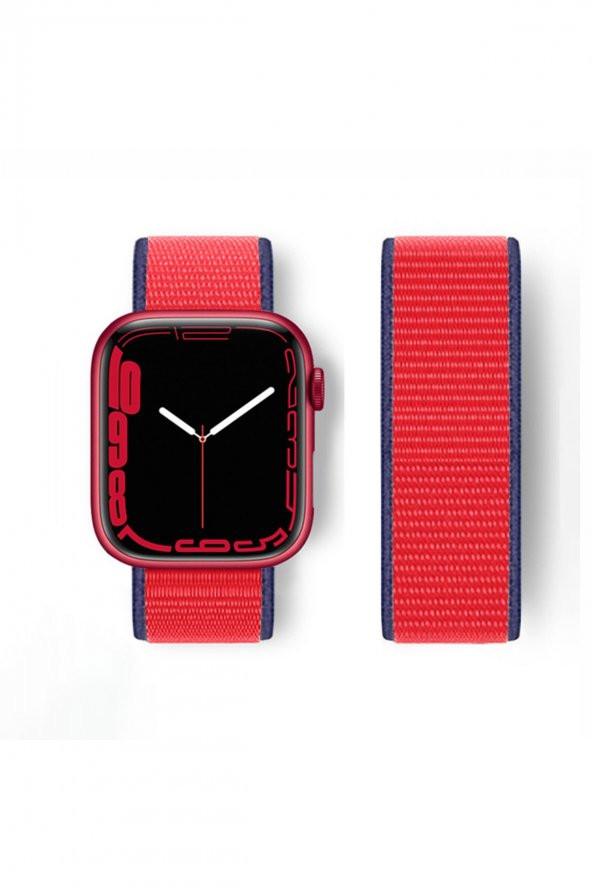 Bilişim Aksesuar Apple Watch Ultra 49mm Hasırlı Cırtcırtlı Kordon - Lacivert-Kırmızı
