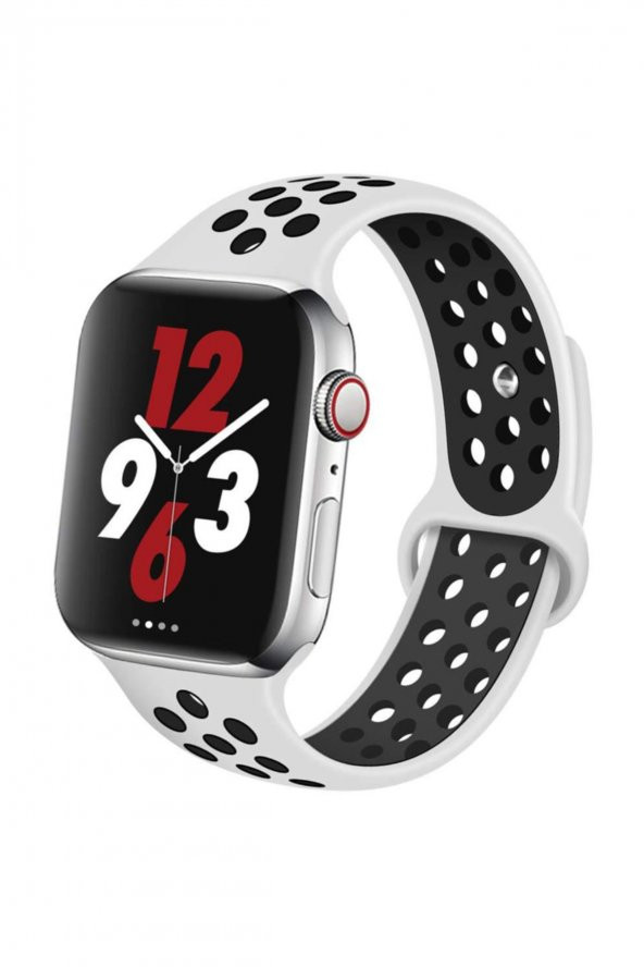 Apple Watch Silikon Delikli Kordon Iwatch Uyumlu Kayış Seri 42mm/44 mm/ 45 mm - Beyaz Siyah