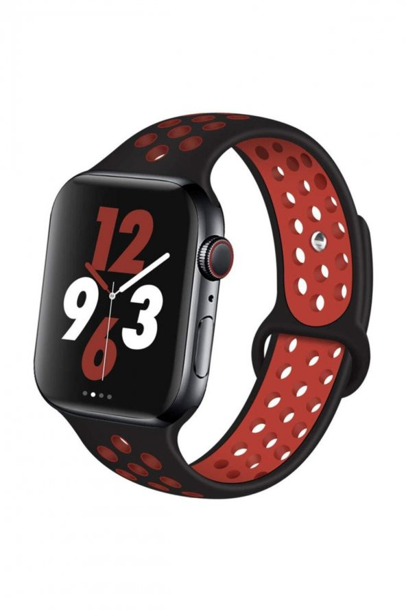 Apple Watch Silikon Delikli Kordon Iwatch Uyumlu Kayış Seri  42mm/44 mm/ 45 mm - Siyah Kırmızı