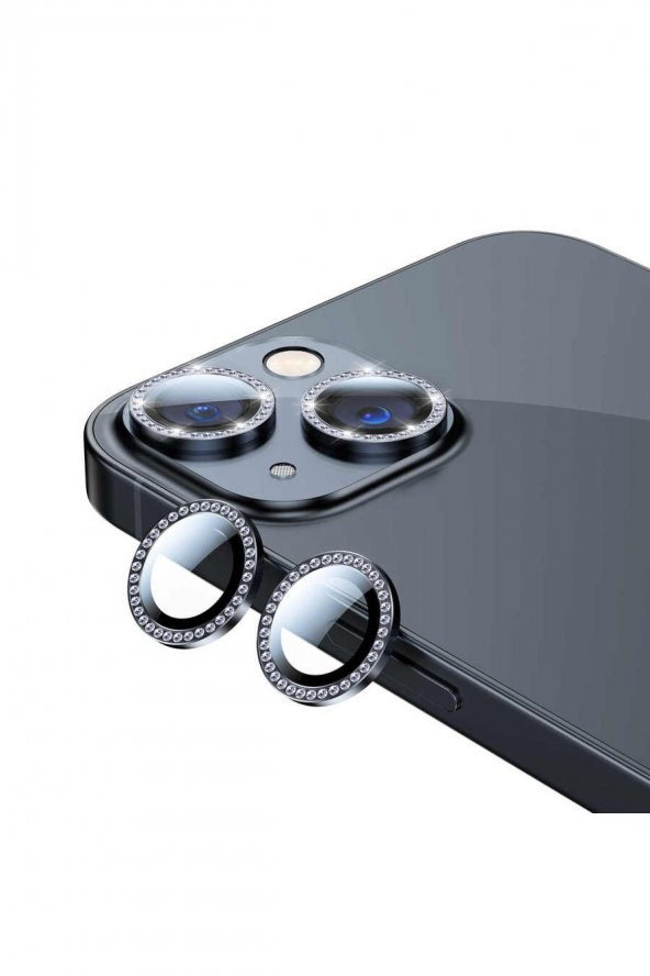 iPhone 13 Mini Uyumlu Siyah Swarovski Taşlı Kamera Lensi Koruma