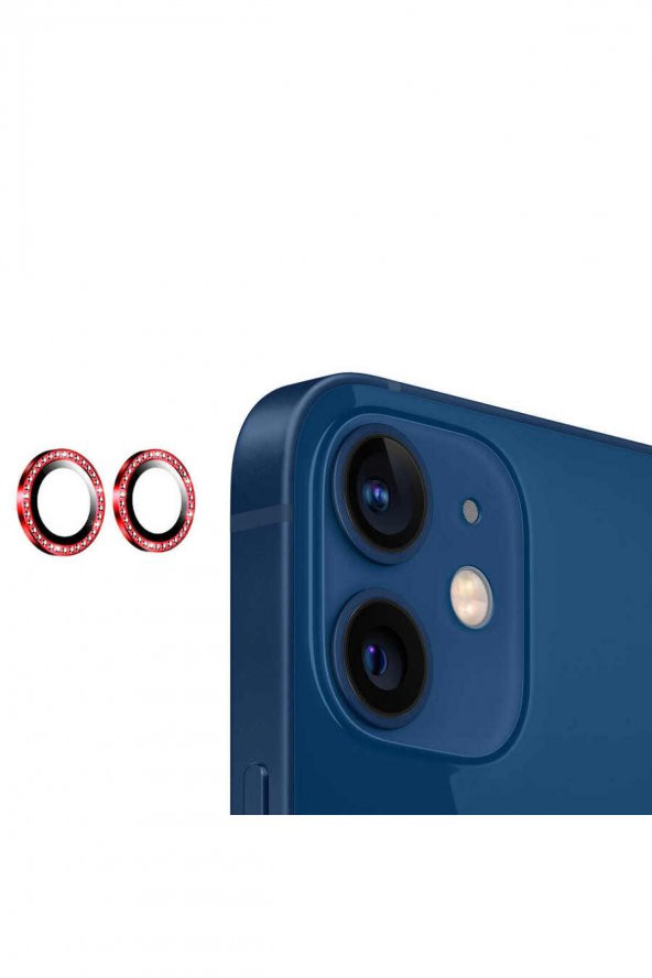 iphone 12 Uyumlu Kırmızı Swarovski Taşlı Kamera Lensi Koruma