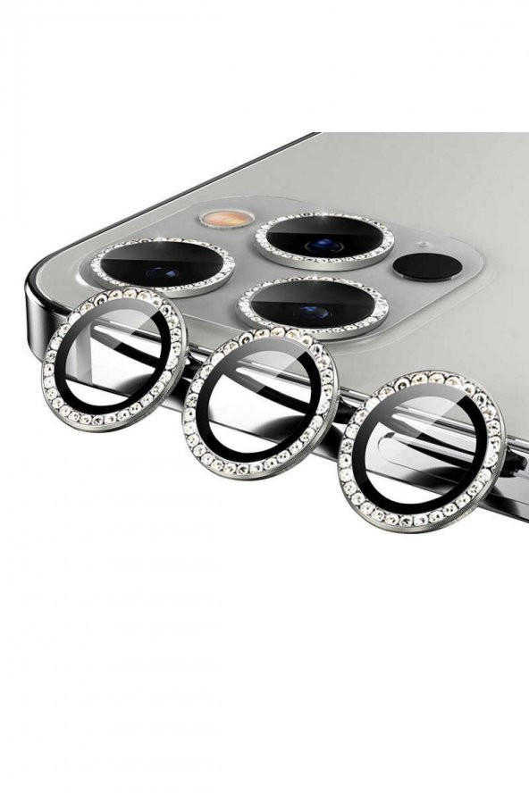 iPhone 13 Pro Uyumlu Gri Swarovski Taşlı Kamera Lensi Koruma