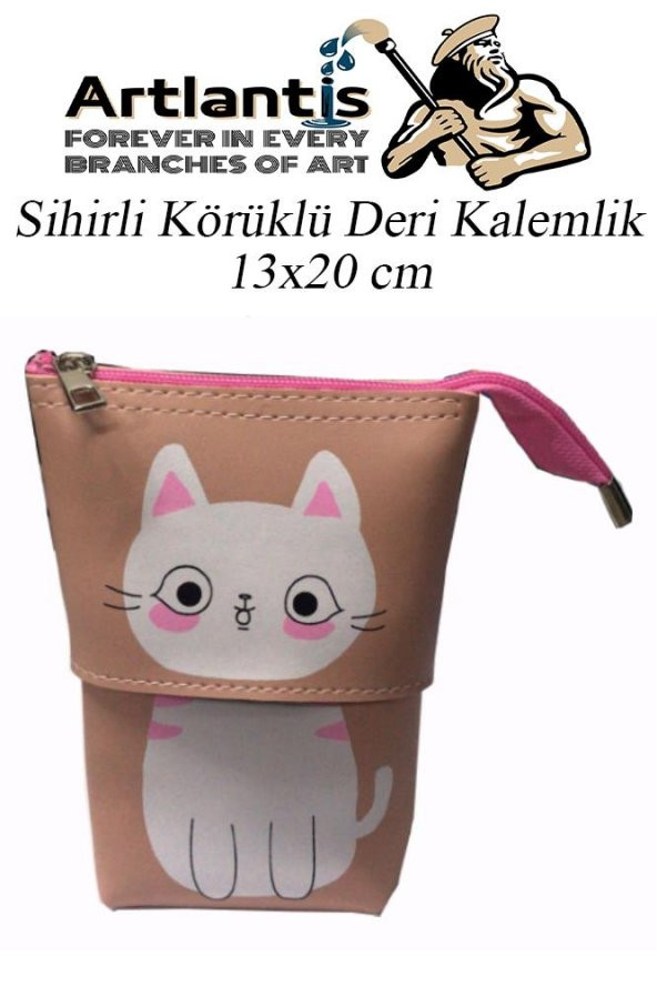 Körüklü Kalemlik Kedi 1 Adet Pudra Renk Sihirli Körüklü Deri Kalemlik Kalem Çantası Sevimli Kedi Kalem Kutusu - 2