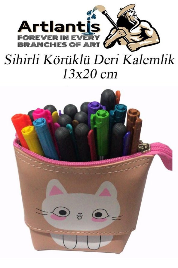 Körüklü Kalemlik Kedi 1 Adet Pudra Renk Sihirli Körüklü Deri Kalemlik Kalem Çantası Sevimli Kedi Kalem Kutusu - 3