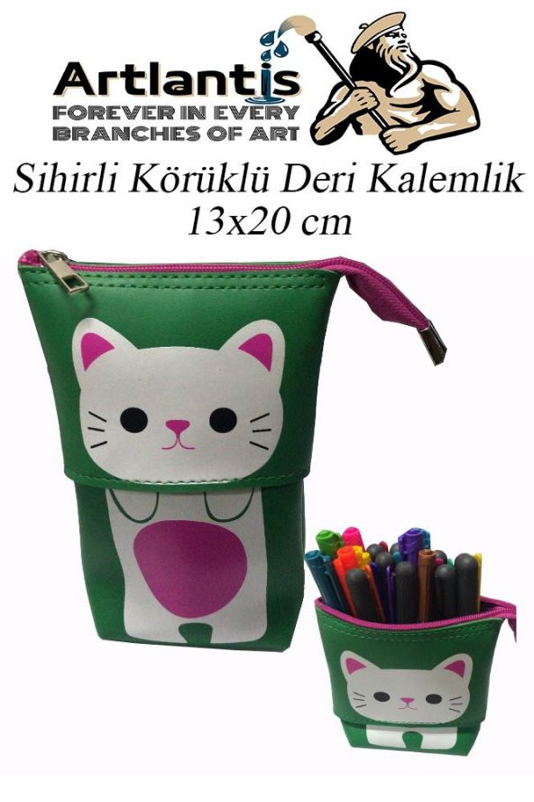 Körüklü Kalemlik Kedi 1 Adet Yeşil Renk Sihirli Körüklü Deri Kalemlik Kalem Çantası Sevimli Kedi Kalem Kutusu