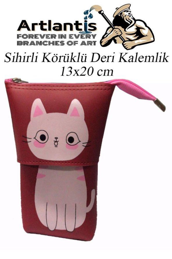 Körüklü Kalemlik Kedi 1 Adet Kırmızı Renk Sihirli Körüklü Deri Kalemlik Kalem Çantası Sevimli Kedi Kalem Kutusu - 2