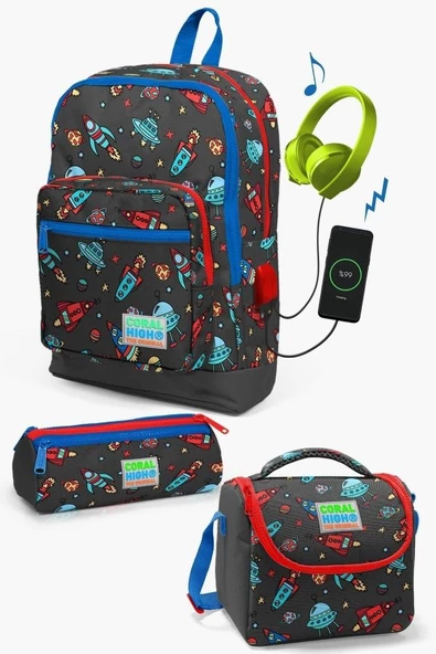 Coral High Kids Koyu Gri Kırmızı Uzay Desenli USB'li 3’lü Okul Çanta Seti - Erkek Çocuk