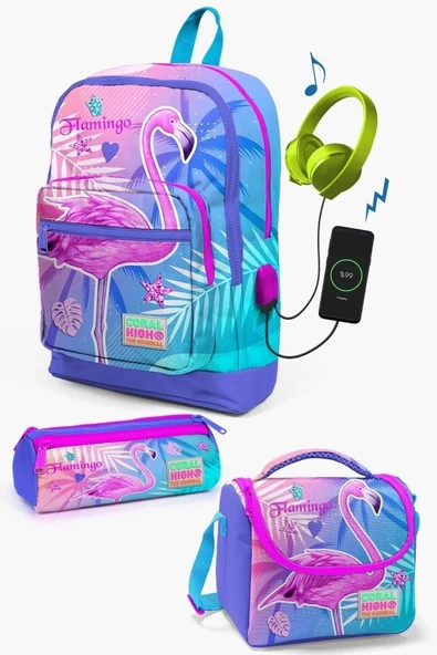 Coral High Kids Lavanta Pembe Flamingo Desenli USB'li 3’lü Okul Çanta Seti - Kız Çocuk