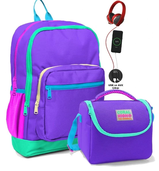 Coral High Okul Çantası ve Beslenme Çanta Seti - Usb Soketli Mor Kız Çocuk