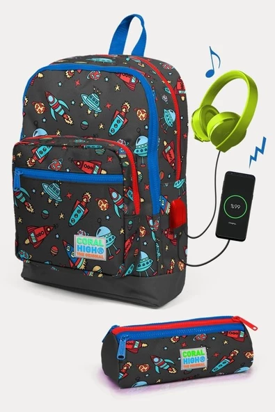 Coral High Kids Koyu Gri Kırmızı Uzay Desenli USB'li 2'li Okul Çanta Seti - Erkek Çocuk ürün görseli