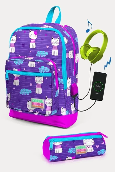Coral High Kids Mor Pembe Kedi Desenli USB'li 2'li Okul Çanta Seti - Kız Çocuk - 1