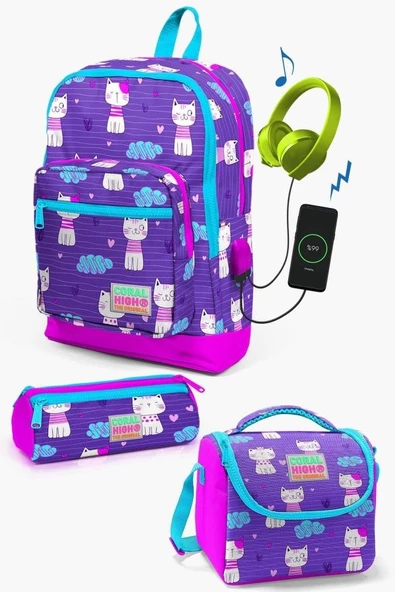 Coral High Kids Mor Pembe Kedi Desenli USB'li 3’lü Okul Çanta Seti - Kız Çocuk