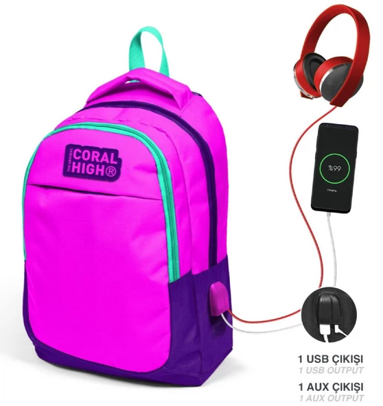 Coral High Pembe Mor Kız Çocuk USB Çıkışlı İlkokul ve Ortaokul Sırt Çantası - Resim 2