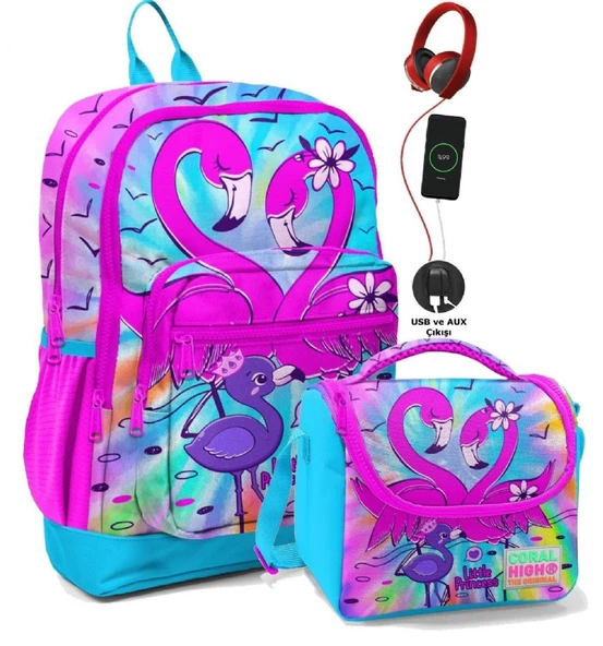 Coral High Okul Çantası ve Termal Beslenme Çanta Seti - Kız Çocuk Mavi Pembe Flamingo USB ve AUX Çıkışlı
