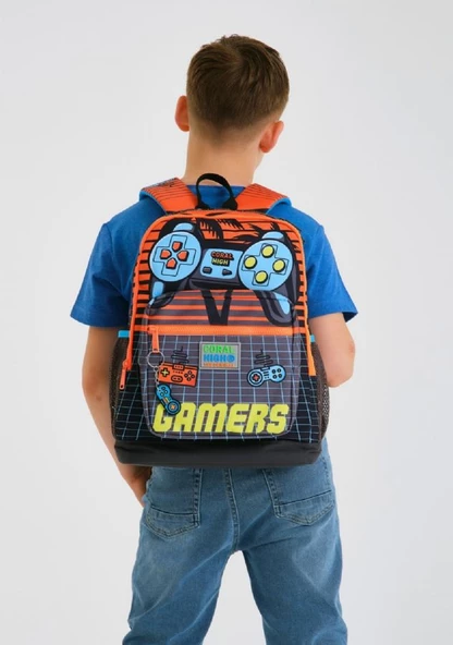 Coral High Erkek Çocuk İlkokul Okul Sırt Çantası ve Beslenme Çanta Seti - Turuncu Gamers - 2