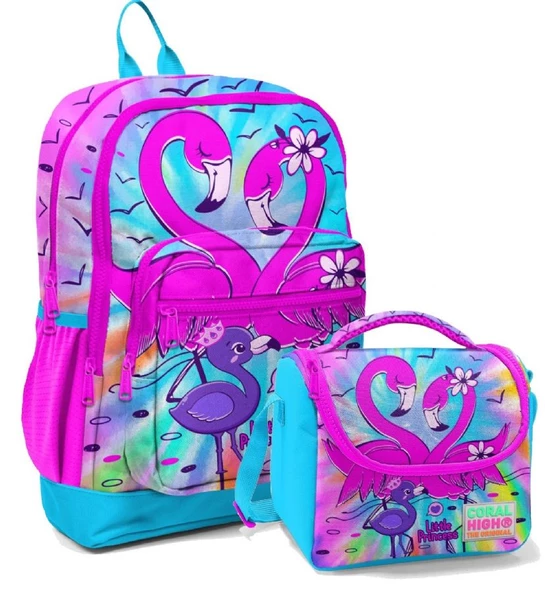 Coral High Mavi Pembe Flamingo Kız Çocuk İlköğretim Okul Sırt Çantası ve Beslenme Çanta Seti