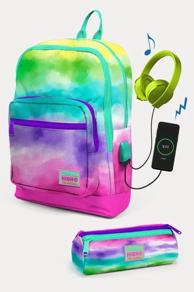 Coral High Kids Renkli Batik Desenli USB'li 2'li Okul Çanta Seti - Kız Çocuk