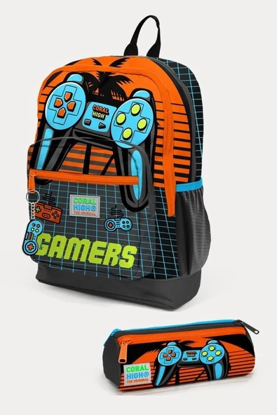 Coral High Kids Gri Turuncu Gamer Desenli 2'li Okul Çanta Seti - Erkek Çocuk - 1