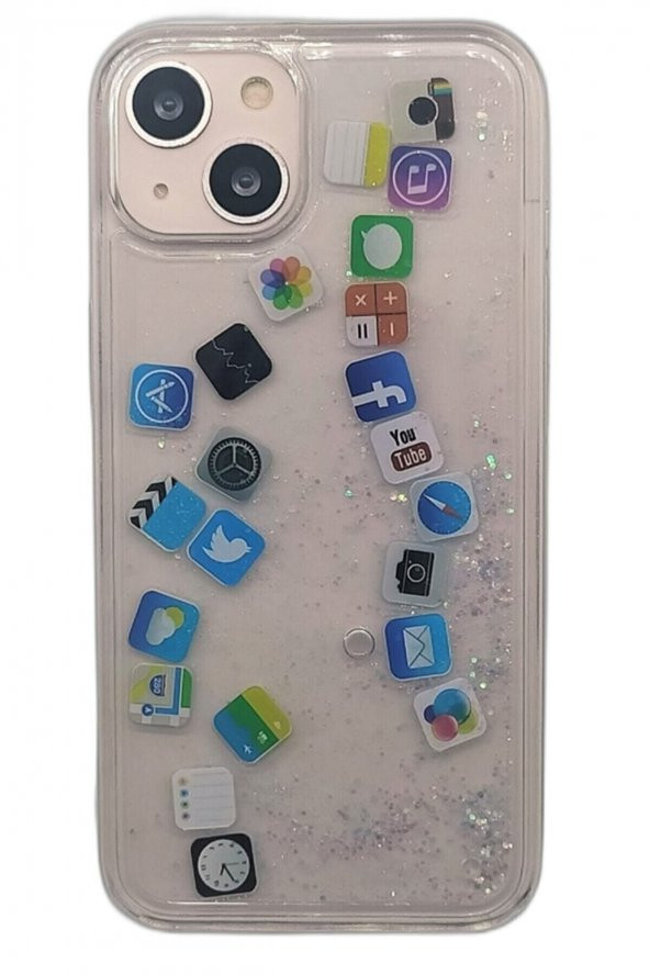 Apple iphone 13 Mini Kılıf Sulu Simli Sosyal Medya Logolu Iphone Menülü
