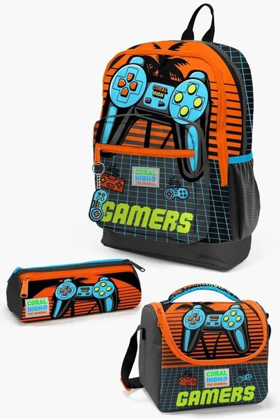 Coral High Kids Gri Turuncu Gamer Desenli 3’lü Okul Çanta Seti - Erkek Çocuk