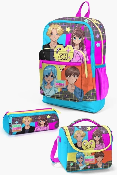 Coral High Kids Gri Mavi Pembe Anime Desenli 3’lü Okul Çanta Seti - Kız Çocuk