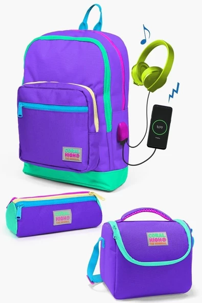 Coral High Kids Mor Renk Detaylı USB'li 3’lü Okul Çanta Seti - Kız Çocuk