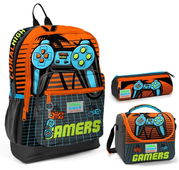 Coral High Turuncu Gamers Üçlü İlkokul Okul Çanta Seti