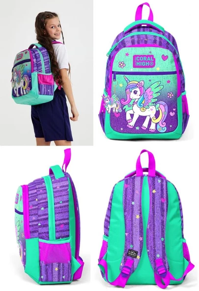 Coral High Yeşil Mor Pegasus Okul Sırt ve Beslenme Çantası Seti - Kız Çocuk - Resim 3