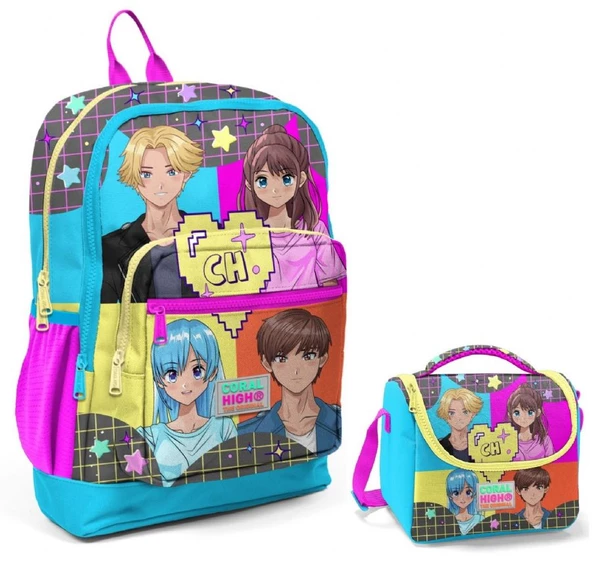 Coral High Mavi Pembe Anime Okul Sırt ve Beslenme Çantası Seti ürün görseli