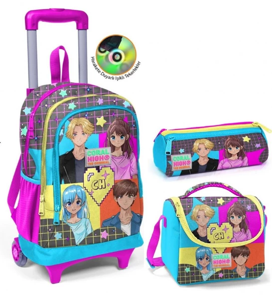Coral High Mavi Pembe Anime Çekçek Okul Çantası Seti - Işıklı Tekerlekler - Kız Çocuk