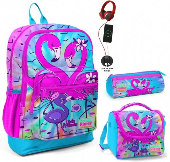 Coral High Mavi Pembe Flamingo USB Soketli Üçlü İlkokul Çanta Seti - Kız Çocuk