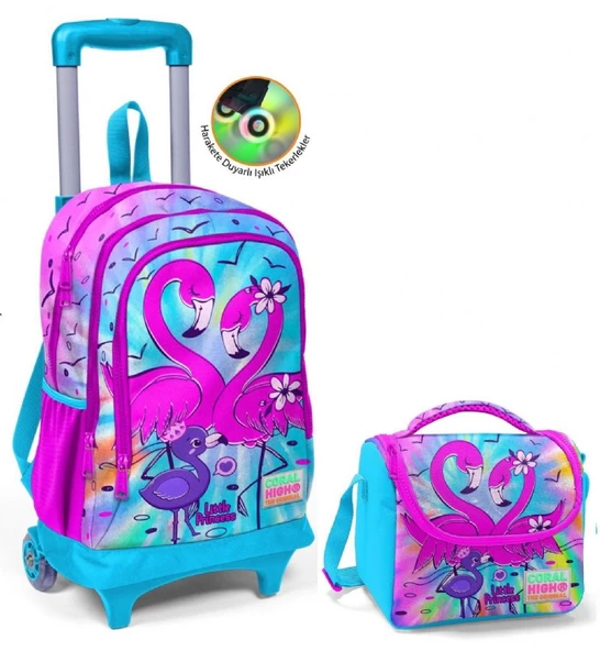 Coral High Mavi Pembe Flamingo Çekçek Okul Çantası ve Beslenme Seti - Işıklı Tekerlekler - Kız Çocuk