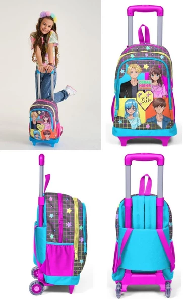 Coral High Mavi Pembe Anime Çekçek Okul Çantası Seti - Işıklı Tekerlekler - Kız Çocuk - Resim 2
