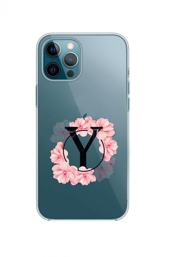 Iphone 12 Pro Max Pembe Çiçek Desen Y Harfli Premium Şeffaf Telefon Kılıfı - 1
