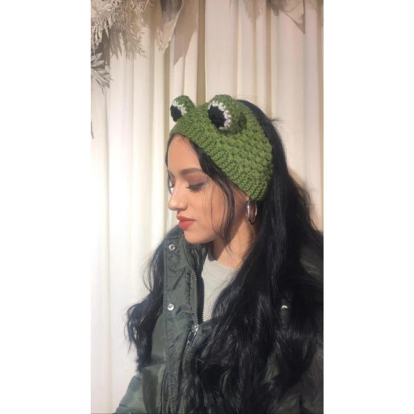 Bandana Örgü Yeşil Kurbağa Göz Saç Bandana Taç Toka Kız Kadın Esnek - Resim 3