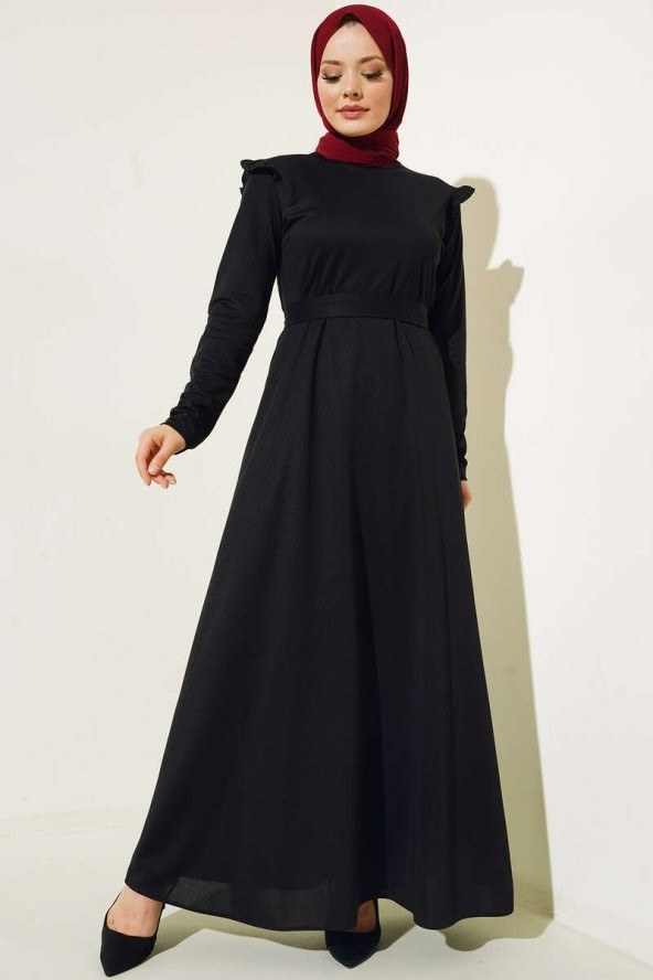 Omuz Fırfırlı Kuşaklı Elbise Siyah